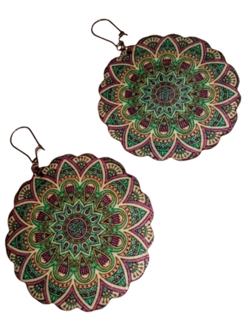 Big Bohemian Flower Mandala Earrings Wood Purple Green Boho Festival Lightweight